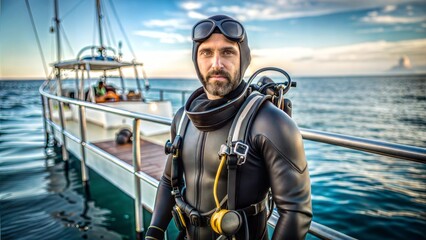 Fototapeta premium Diver preparing for underwater exploration at sunset near a luxury yacht in serene waters