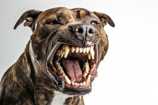 Angry pitbull dog showing teeth and growling on white background