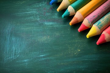 Photo of a school green board with chalk stains with colored crayons or wax pencils, background for illustration