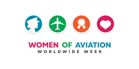 Women of Aviation Worldwide Week. Women, plane, medal and heart. Great for cards, banners, posters, social media and more. White background.  