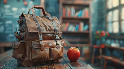 Leather school bags is sitting on a desk with an apple in a classroom, Ai Generative.