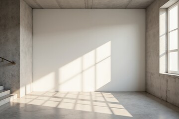 Empty modern interior space with sunlight and shadow patterns on concrete walls and staircase