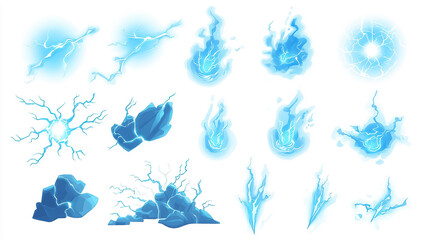 Fototapeta premium Cartoon lightning animation. Animated frames of electric strike, magic and thunderbolt effect vector illustration set. Game asset collection of blue glowing storm bolts isolated on white background
