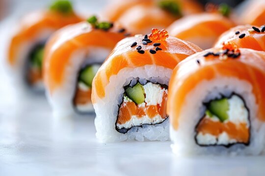 Philadelphia uramaki sushi rolls with salmon, cream cheese, cucumber, sesame and roe