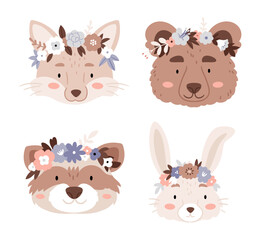 Obraz premium Set of animal head.Animals in floral wreaths in boho style and in pastel colors. Fox, raccoon, bear, hare.