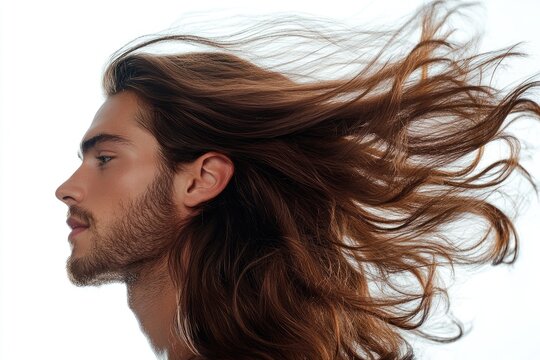 Model showing long brown hair waving in the wind