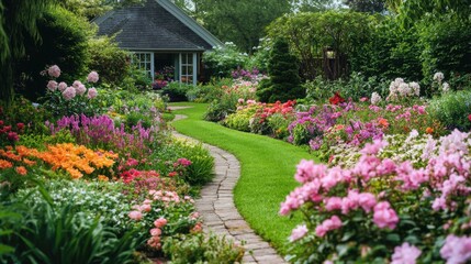 Obraz premium National Mail Order Gardening Picturesque garden pathway lined with colorful blossoms and lush greenery