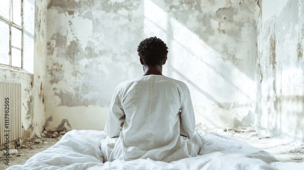 Poster A person sits quietly on a bed in a spacious, sunlit room with weathered walls. The sunlight streams through large windows, casting soft shadows, creating an atmosphere of tranquility and reflection