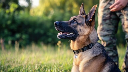 Fototapeta premium National Train Your Dog Month Alert german shepherd dog outdoors with male owner in camouflage pants