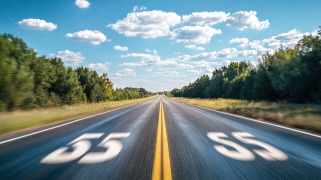 55 mph Speed Limit Day Scenic open road with speed limit signs under blue sky and clouds