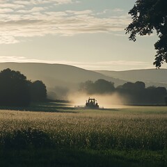Fototapeta premium Tractor spraying a field at sunrise, misty landscape.