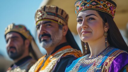 Fototapeta premium Assyrian New Year Caucasian adults in traditional attire at cultural event outdoors