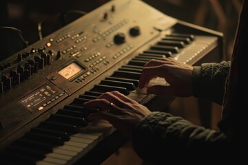 Musician Playing Electronic Keyboard Keys Creating Melody Performance Talent Expression