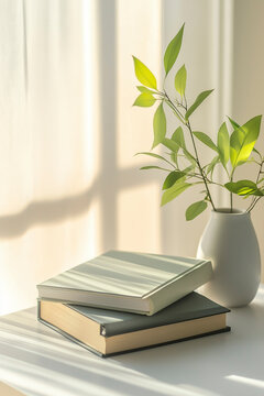 Table with books. Cozy decorated background