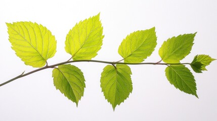 A close-up of a green leaf branch against a light background.