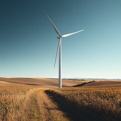 Single wind turbine in a vast golden field under a clear blue sky.