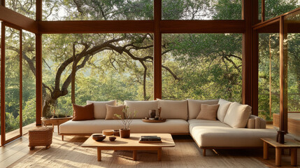 Fototapeta premium A serene living room features spacious sectional sofa, wooden coffee table, and large windows showcasing lush greenery. warm, inviting atmosphere promotes relaxation and comfort