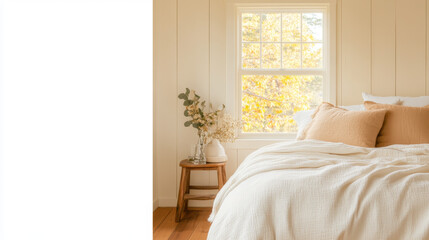 A cozy bedroom featuring soft white bedspread, warm beige pillows, and charming wooden side table. sunlight filters through window adorned with autumn leaves, creating serene atmosphere