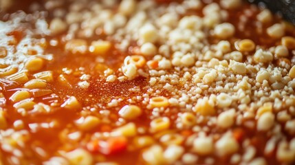 Close-up of soup with pasta and cheese