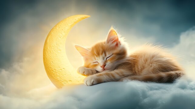 A photostock of a cute cartoon cat sleeping on a crescent moon, pastel colors. Ultra-Realistic, Photo Realistic, highly detailed, 