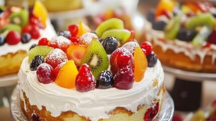National Fruitcake Day Delicious fruit topped cake with whipped cream and fresh kiwi, strawberries, berries, and peaches