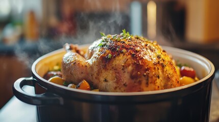 National Slow Cooking Month Juicy roasted chicken with vegetables in a casserole dish