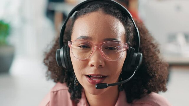Call center, woman and talking on microphone with customer support for loan advice, banking inquiry and FAQ. Inbound consultant, discussion or headset for friendly assistance on client account update