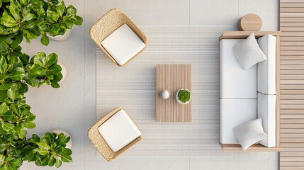 A modern outdoor seating area featuring stylish sofa, two wicker chairs, and wooden coffee table surrounded by lush greenery. This serene space invites relaxation and comfort