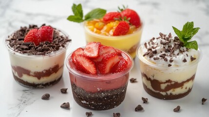 Delicious assortment of dessert cups with fresh fruit and chocolate toppings