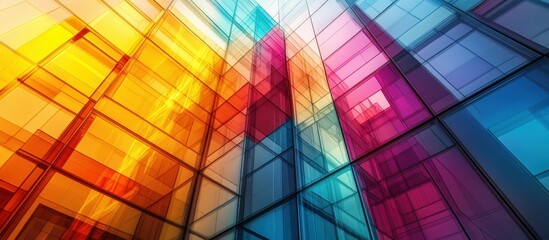 Fototapeta premium Vibrant Abstract Glass Building Facade with Multicolored Reflections and Geometric Patterns in Urban Architecture