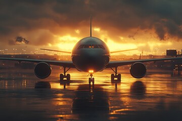 Majestic Airplane on Wet Runway at Sunset with Dramatic Sky and Reflections Capturing the Essence of Travel and Adventure