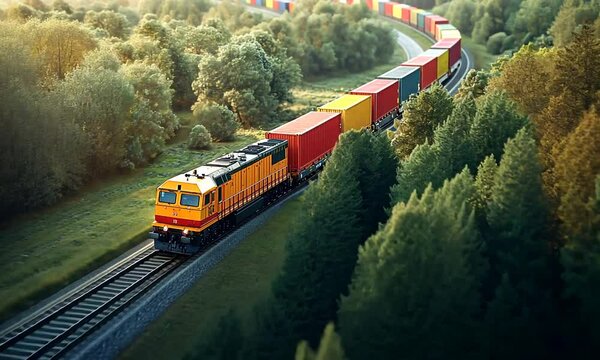 Freight train transporting colorful containers through nature.