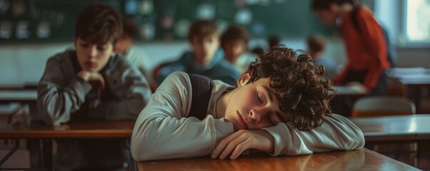 Obraz premium A student is seen sleeping at a desk with classmates around, in an educational setting