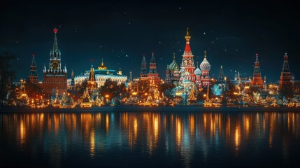 Obraz premium A vibrant night view of a historic city skyline illuminated by colorful lights.