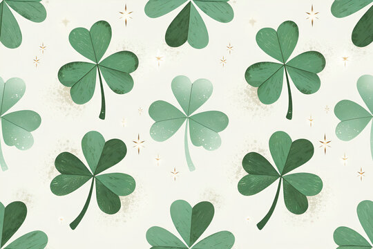 Seamless clover pattern with green leaves and glowing star accents on cream background