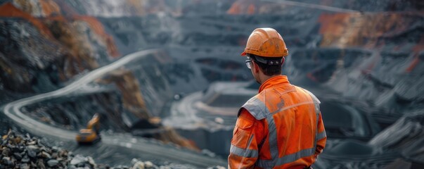 An employee in high-visibility gear observes a vast mining pit operation