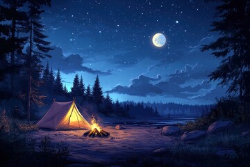 Tranquil Night Camping Scene with Illuminated Tent and Campfire Under Starry Sky and Full Moon by a Serene Forest Lake