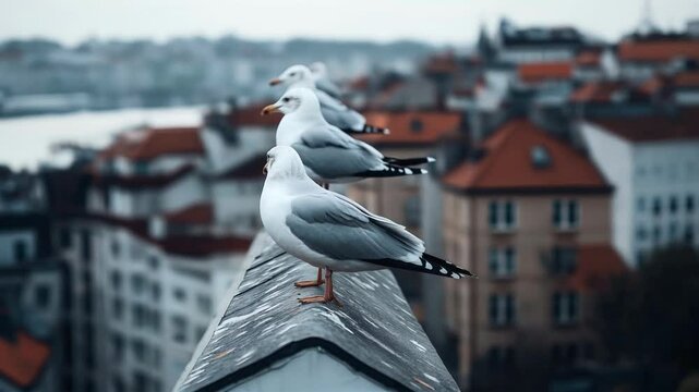 Seagulls standing in a row on a rooftop ledge with an urban skyline in the background, featuring red rooftops and blurred cityscape.