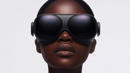 Immersive virtual reality experience with person wearing sleek black VR goggles, showcasing advanced technology and modern design. expression reflects curiosity and engagement