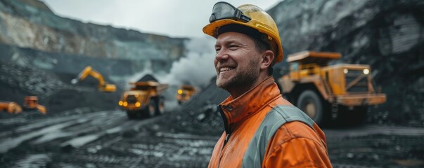 A rugged miner with a beard grins confidently in front of heavy-duty mining machinery