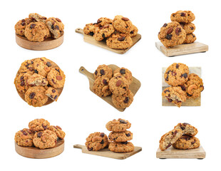 Yummy cookies with nuts and dried cranberries isolated on white