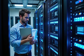 Tech professional analyzing data in modern server room for cybersecurity and network management