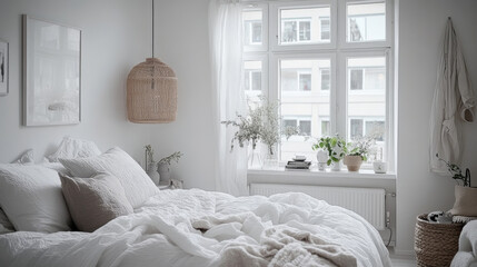 A serene bedroom featuring cozy bed with white bedding, natural light streaming through large windows, and minimalist decor. space exudes tranquility and comfort