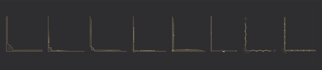 Celestial corner esoteric divider, gold border. Mystical line frame with moon and star. Golden mystic decoration, sparkle stars, sun. 