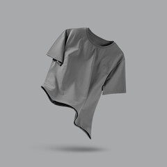 Grey t-shirt in air on color background