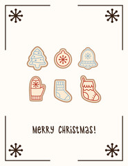 Merry Christmas minimalistic greeting card concept. Christmas banner or poster template with gingerbread.