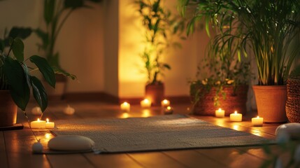 serene yoga space with soft candlelight and lush plants creates calming atmosphere for relaxation and meditation