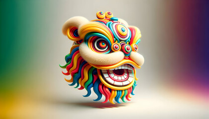 3D Abstract digital art of a lion dance mask with vibrant colors and space for text above. concept as A vividly colored lion dance mask depicted in abstract digital art set against a neutral backgroun