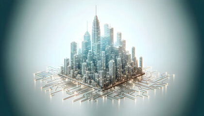 3D Abstract city skyline made of circuit lines with soft glow concept as A city skyline formed by circuit lines glows softly representing the fusion of technology and urban industrial innovation; ampl