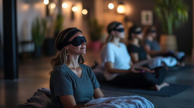 small group of clients practicing guided yoga meditation in dimly lit studio, wearing eye masks for enhanced focus and relaxation